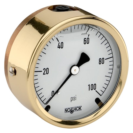 Pressure Gauge, 2.5 Brass Case, Copper Alloy Internals, 15 Psi, 1/4 NPT Male Back Conn, -40 Degree Service Filled, Maximum Indicating Pointer